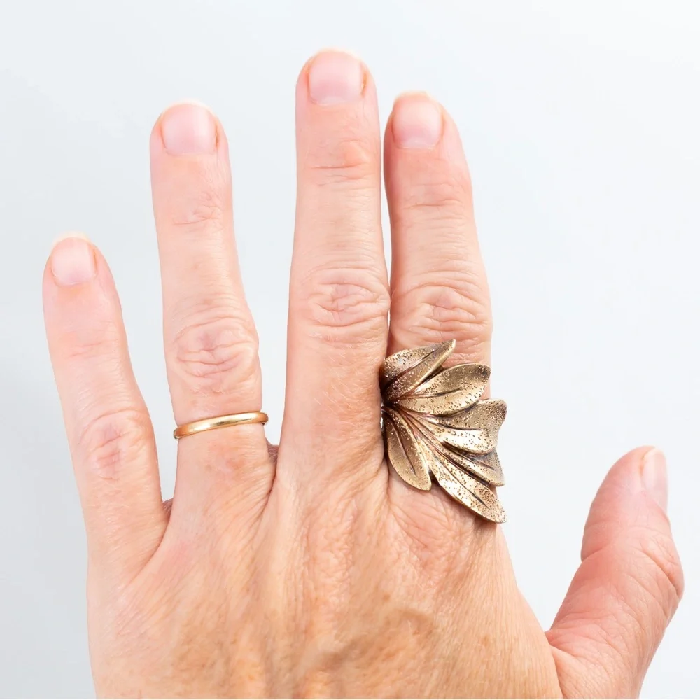 18K yellow gold over sterling silver textured leaf wrap ring 10